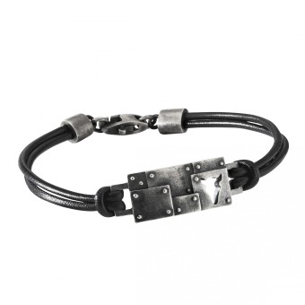 Armband 925/- Sterling Silber Lederband schwarz Bullhead 