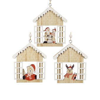 HTI-Living Baumschmuck Häuschen Fenster, 3er Set Holz 