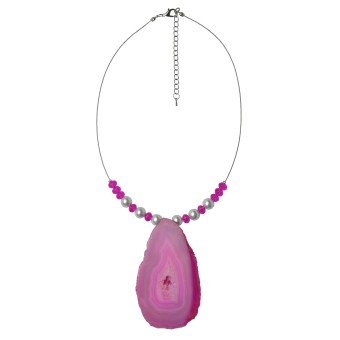 Steuer Modeschmuck Collier Drahtcollier silberfarben Perlen weiß und Achatscheibe pink 