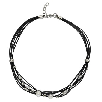 ZEEme Stainless Steel Collier Leder schwarz Stahlkugeln und Perle 