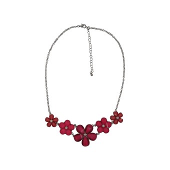 Steuer Modeschmuck Collierkette Collier, silberfarben, mit Blumenzierde in fuchsia, mit Strasssteinen besetzt 