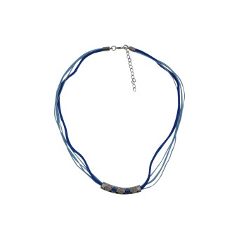 Steuer Modeschmuck Collierkette Textilkette, blau, mit silberfarbener Schmuckapplikation 