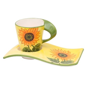 Kaffeetasse mit Unterteller, modern Sonnenblume 