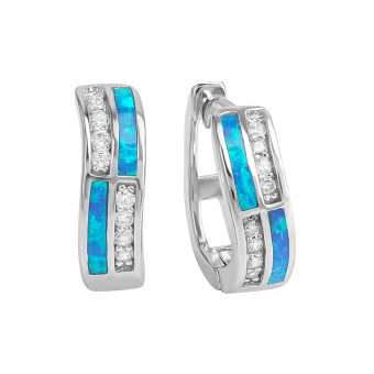 Klappcreolen 925/- Sterling Silber rhodiniert synth.Opal blau und Zirkonia 