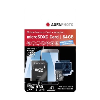 Agfa Photo microSD Speicherkarte MicroSDXC UHS-I 64GB High Speed C10 U3 V30 + Adapter 