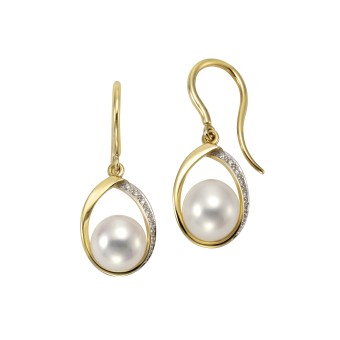 Ohrringe 585 Gold Perlen weiß 7,5-8mm + 14x Brillant 0,04ct. 