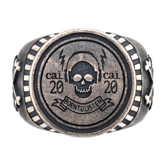 CAI Ring 925/- Sterling Silber Siegelring matt oxidiert Rock Music Skull 058 (18,5)