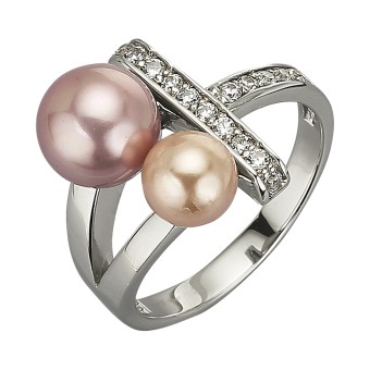 ZEEme Pearls Ring Silber 925 mit 2 Muschelkernperlen und Zirkonia weiß 052 (16,6)