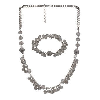 Steuer Modeschmuck Schmuckset Set aus Collier und Armband, silberfarbene Ankerkette, mit facettierten Glasperlen in grau 